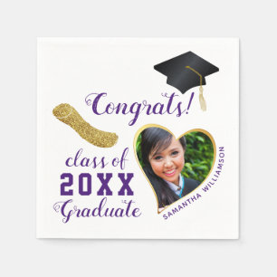 White Purple and Gold Class 2025 Photo Graduation Napkin