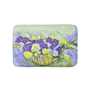 White Purple Basket of Roses Watercolor Painting Bath Mat