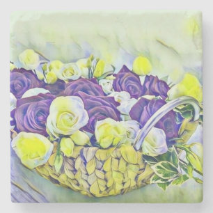 White Purple Basket of Roses Watercolor Painting  Stone Coaster