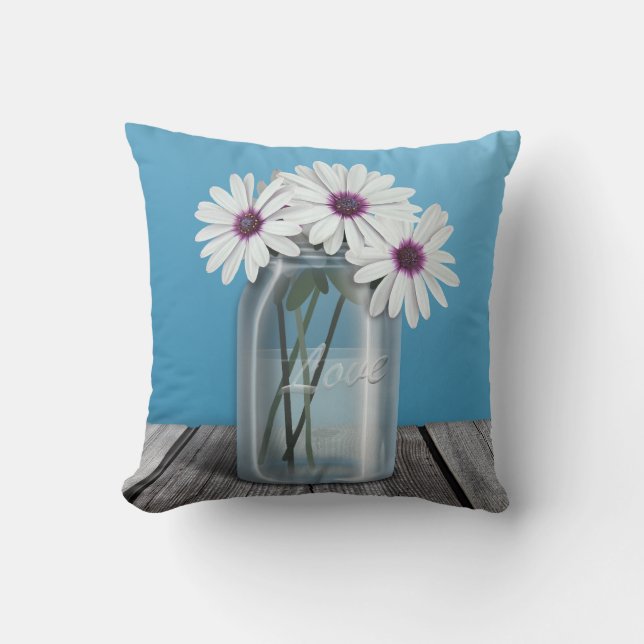 White & Purple Daisy Blue Mason Jar Pillow (Front)