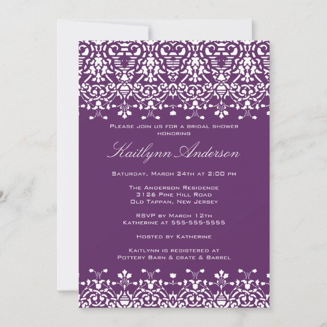 White & Purple Damask Bridal Shower Invitation (Front)