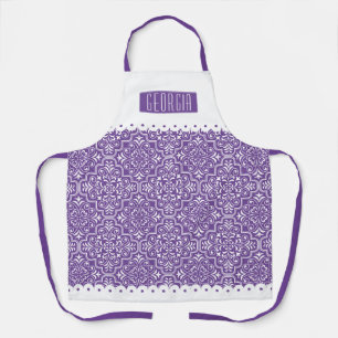 White, purple damask pattern scalloped borders apron