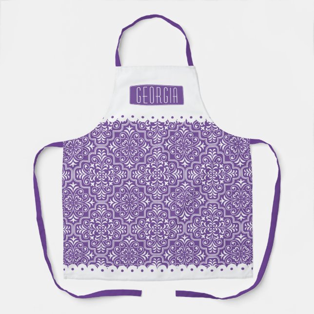 White, purple damask pattern scalloped borders apron (Front)