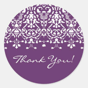 White & Purple Damask Thank You Sticker