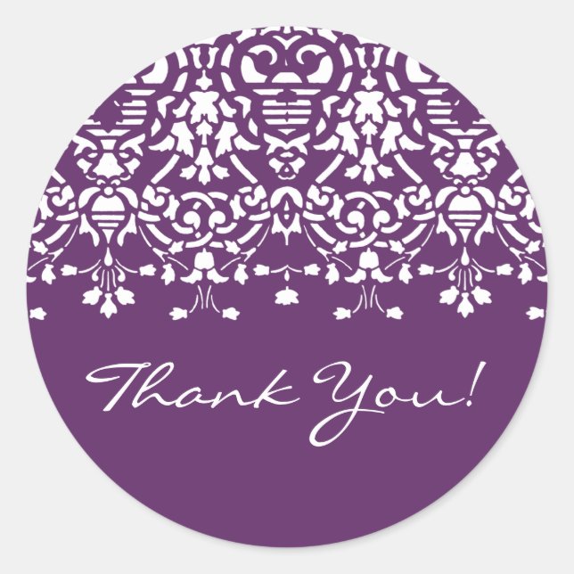 White & Purple Damask Thank You Sticker (Front)