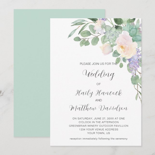 White Purple Floral Greenery Eucalyptus Succulents Invitation (Front/Back)