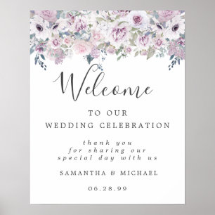 White Purple Floral Welcome to Our Wedding Sign