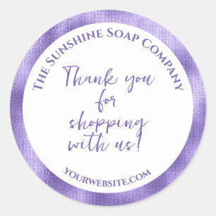 White & purple foil thank you for shopping with us classic round sticker