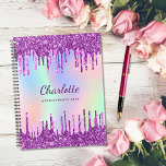 White purple glitter drips pink monogram 2021 plan planner<br><div class="desc">A rainbow,  unicorn coloured holographic background.  Decorated with faux glitter drips in purple and pink.  Personalize and add a name,   purple coloured letters and your text on the spine.  Perfect for school,  work,  family,  back to school.  The name is written with a modern hand lettered style script.</div>