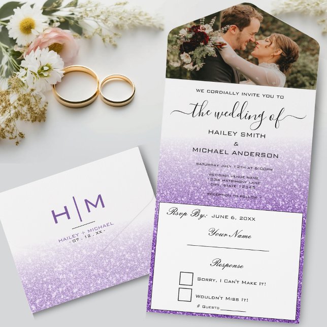 White & Purple Glitter Ombre Modern Photo Wedding All In One Invitation (White & Purple Glitter Ombre Modern Photo Wedding All In One Invitation)