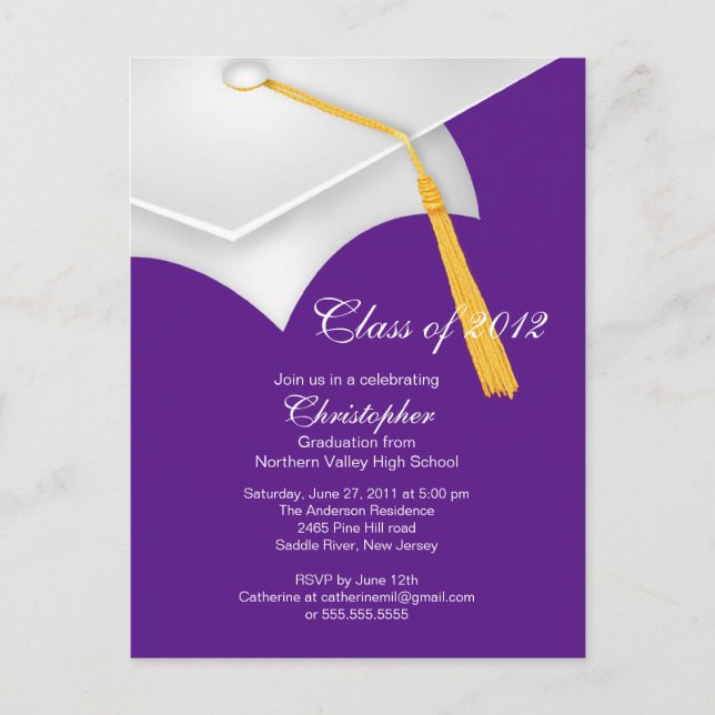 White Purple Grad Cap Graduation Party Invitation (Front)