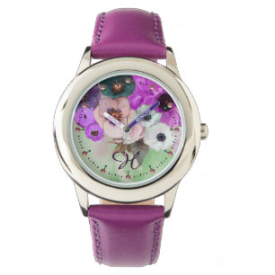 WHITE PURPLE GREEN ROSES,ANEMONE FLOWERS MONOGRAM WATCH