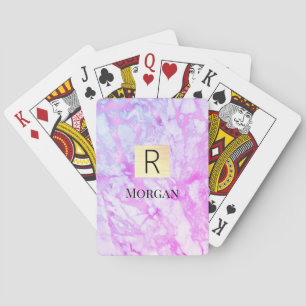 White & Purple Marble Gold Box, Name & Monogram Playing Cards