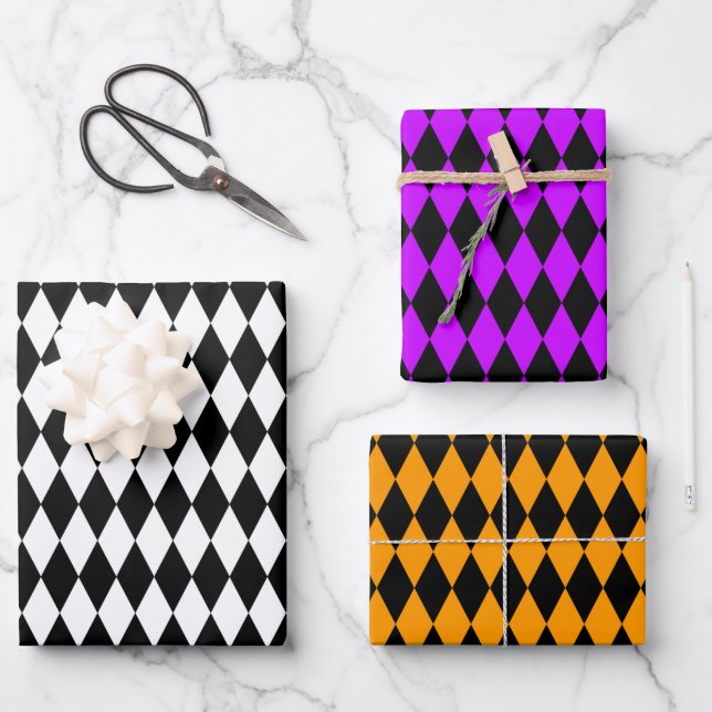 White Purple Orange and Black Harlequin  Wrapping Paper Sheet (Front)
