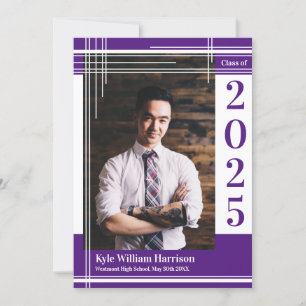 White Purple School Colour Graduation Photo Plaid Invitation