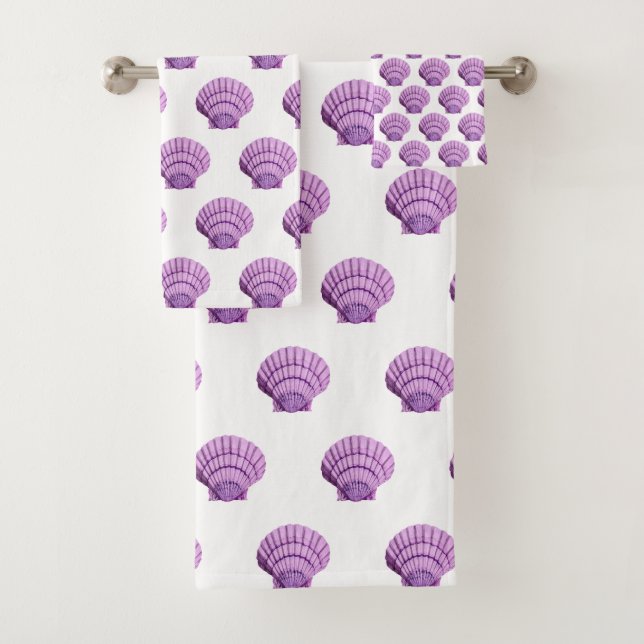 WHITE PURPLE SHELL BATHROOM TOWEL SET (Insitu)