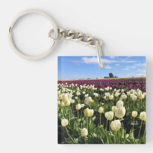 White & Purple Tulip Field with Hot Air Balloon Keychain