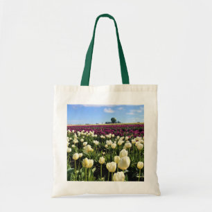 White & Purple Tulip Field with Hot Air Balloon Tote Bag