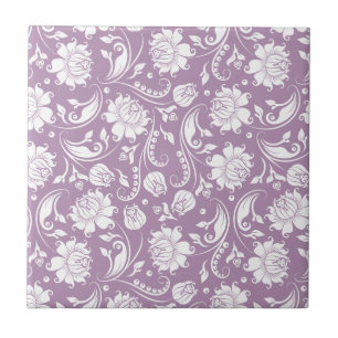 White & Purple Vintage Floral Damasks Tile