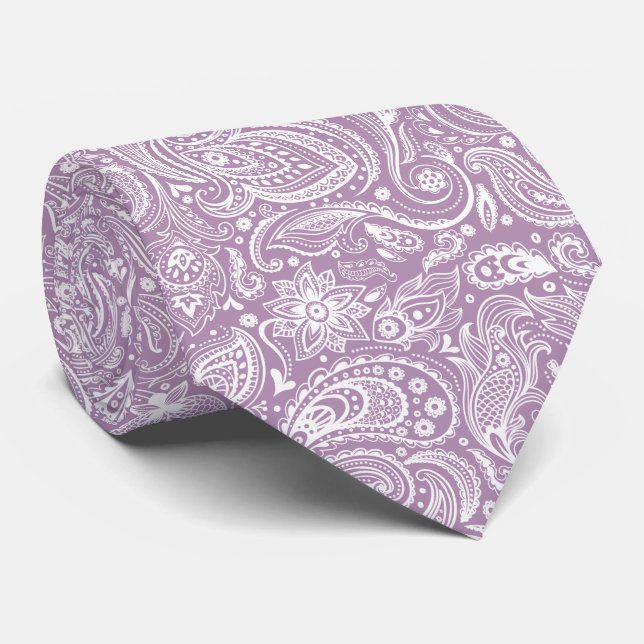 White & Purple Vintage Paisley Pattern Tie (Rolled)
