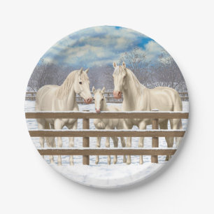 White Quarter Horses In Snow Paper Plate
