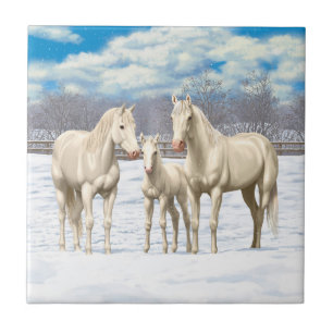 White Quarter Horses In Snow Tile