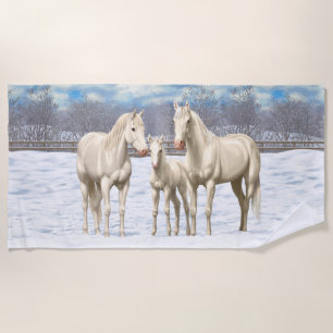 White Quarter Horses In Winter Pasture Beach Towel