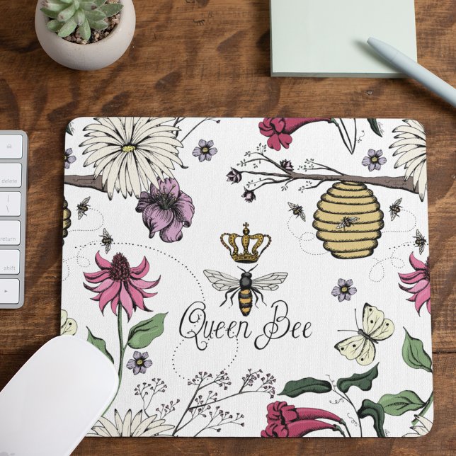 White Queen Bee Royal Crown Floral Pattern Mouse Pad (White Queen Bee Royal Crown Floral Pattern with Queen Bee, Crown, Exotic flowers, bees, beehive)