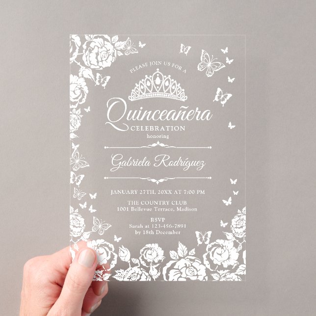 White Quinceanera Roses Butterflies Acrylic Invitations (Insitu (Handheld))