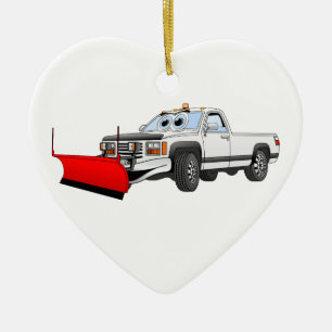 White R Pick Up Snow Plow Cartoon Ceramic Ornament