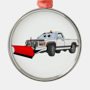 White R Pick Up Snow Plow Cartoon Metal Ornament