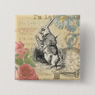 White Rabbit Alice Adventures Wonderland Art 2 Inch Square Button