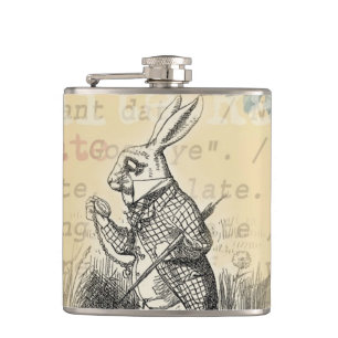 White Rabbit Alice Adventures Wonderland Art Hip Flask