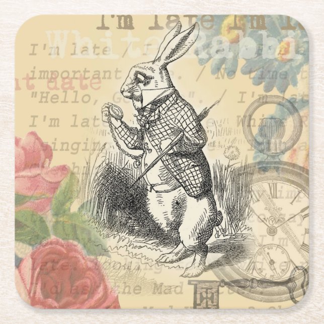 White Rabbit Alice in Wonderland Art Square Paper Coaster (Front)