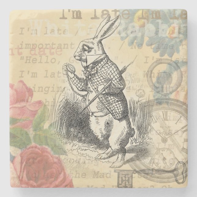 White Rabbit Alice in Wonderland Art Stone Coaster (Front)