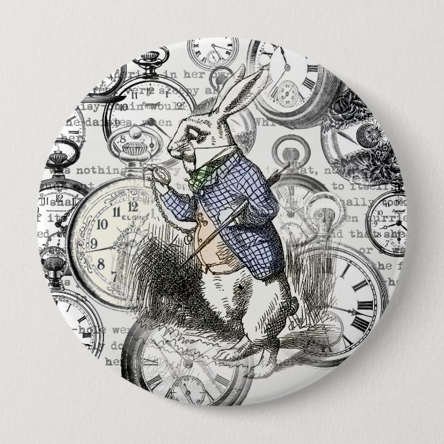 White Rabbit Alice in Wonderland Clocks 4 Inch Round Button (Front)