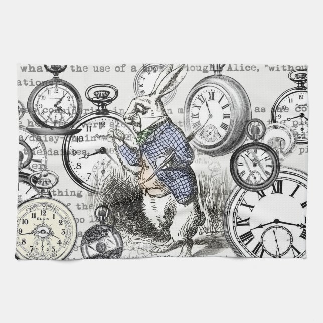 White Rabbit Alice in Wonderland Clocks Kitchen Towel (Horizontal)