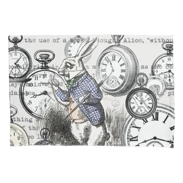 White Rabbit Alice in Wonderland Clocks Pillowcase (Front)