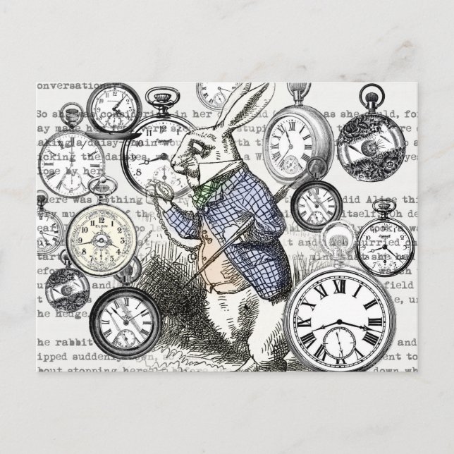 White Rabbit Alice in Wonderland Clocks Postcard (Front)