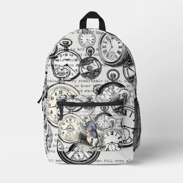 White Rabbit Alice in Wonderland Clocks Printed Backpack (Front)