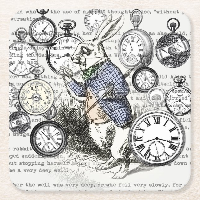 White Rabbit Alice in Wonderland Clocks Square Paper Coaster (Front)