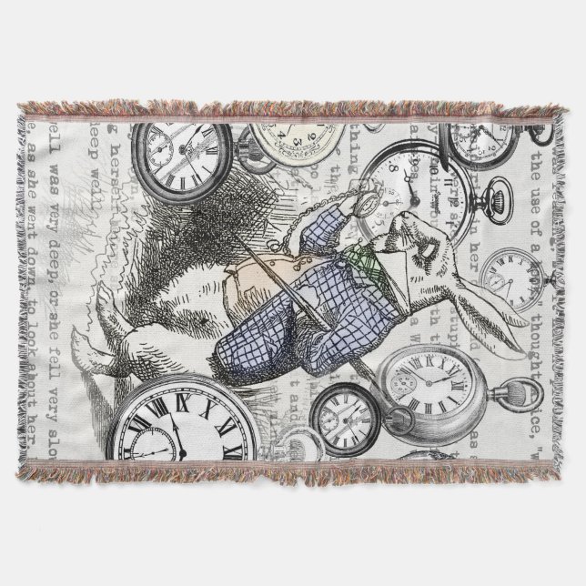 White Rabbit Alice in Wonderland Clocks Throw Blanket (Front)