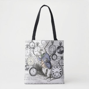 White Rabbit Alice in Wonderland Clocks Tote Bag