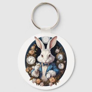 White Rabbit Alice in Wonderland Watches and roses Keychain