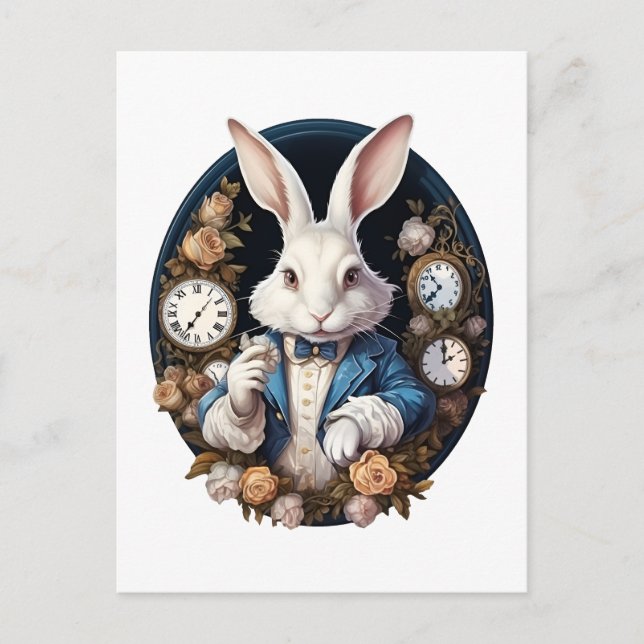 White Rabbit Alice in Wonderland Watches and roses Postcard (Front)