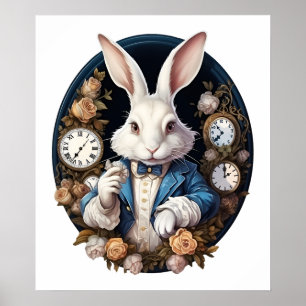 White Rabbit Alice in Wonderland Watches and roses Poster