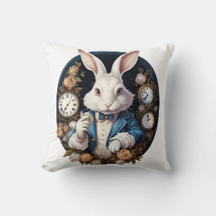White Rabbit Alice in Wonderland Watches and roses Throw Pillow