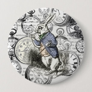 White Rabbit Alice Wonderland Clocks Art 4 Inch Round Button