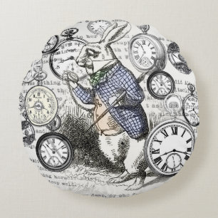 White Rabbit Alice Wonderland Clocks Art Round Pillow