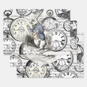 White Rabbit Alice Wonderland Clocks Art Wrapping Paper Sheet